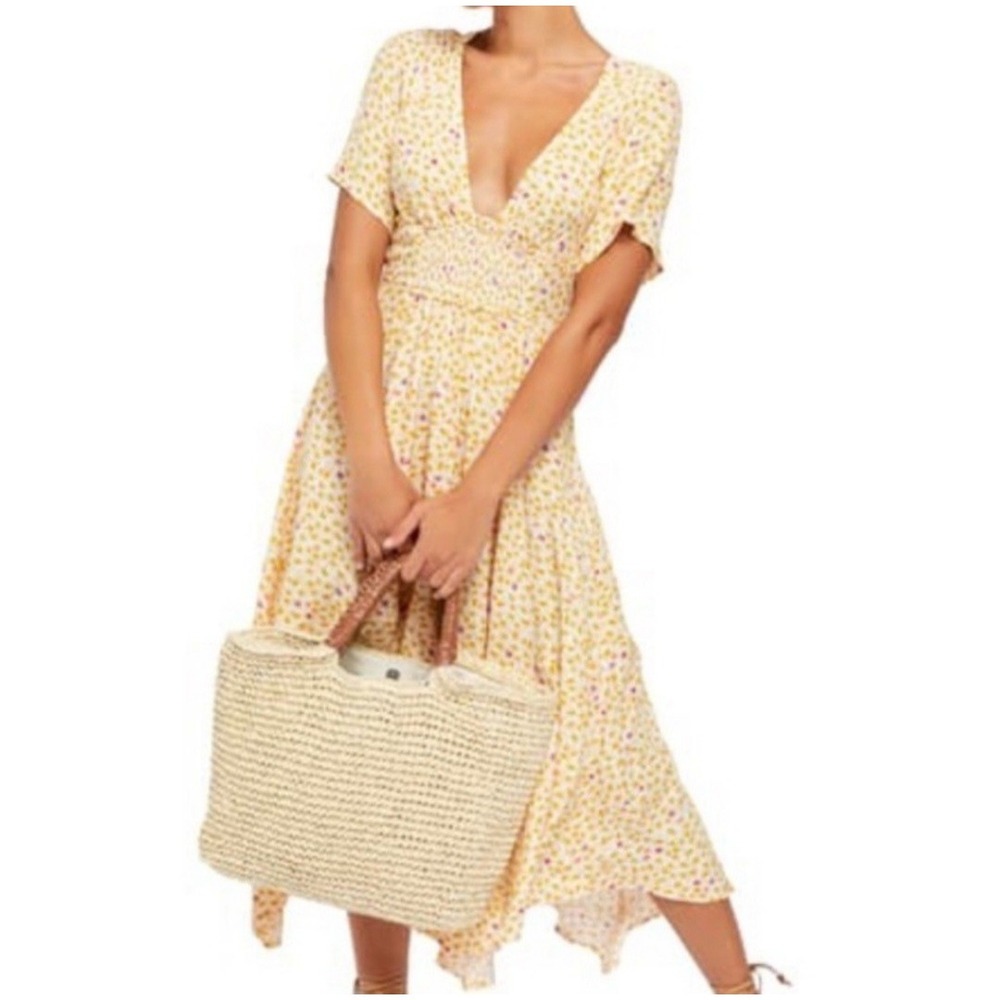 Free People In Full Bloom Yellow Floral Maxi Dress Boho Smocked Waist Sz XS